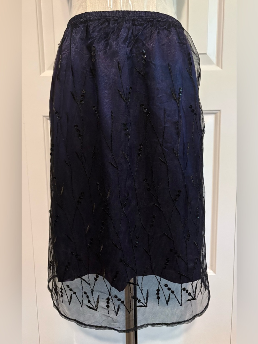 MAXIME, Skirt Navy Blue Lining with Sheer Black Floral Sequin Overlay, Size M